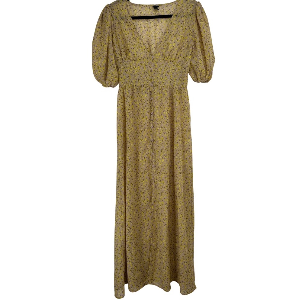 Floral Puff Sleeve Button Front Maxi Dress Medium Tan Yellow Sheer Cottagecore